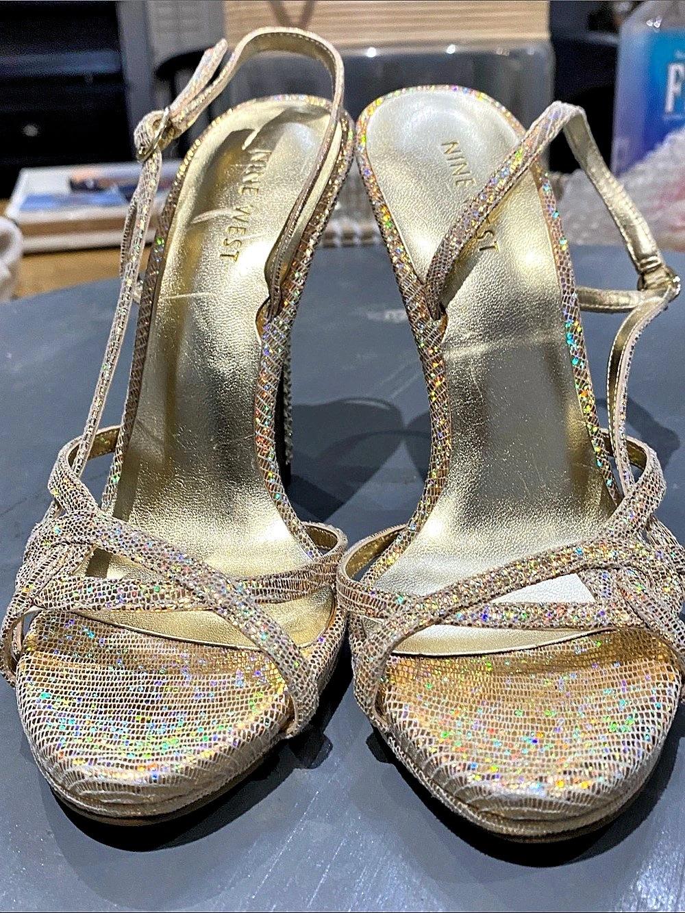 NINE WEST Strappy Embellished Heels in Gold